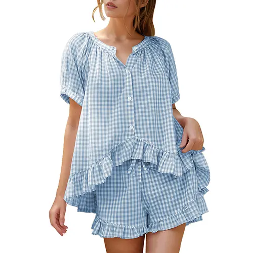 Women's 2-Piece Gingham Print Cotton Pajama Set - Breathable Nightwear, Short-Sleeve Button-Down Top, Above-the-Knee Ruffle Shorts with Pockets, Women's 2-Piece Loungewear Sets