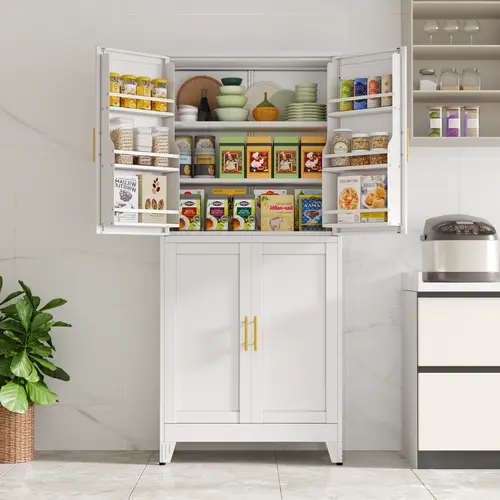 74.8" Tall Metal Food Cabinet, White Kitchen Pantry Cabinet, Storage Cabinets with 4 Door and 4 Adjustable Shelves, Steel Freestanding Cupboard for Kitchen Dining Room Living Room Bathroom