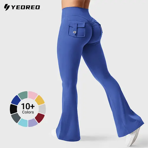 YEOREO Women's Flare Leggings - High-Waisted Gym Workout Apparel with Scrunch Butt-Lifting, Tummy Control & Pockets, Sporty Chic Universal Athleisure Pants for Yoga, TikTok Shop Back to School