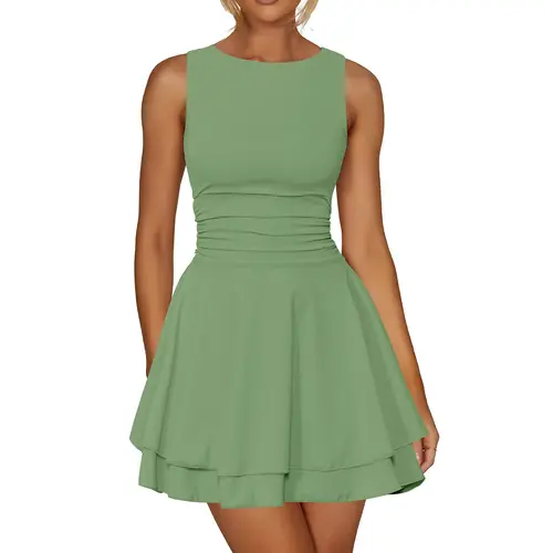 Kaximil Women's Athletic Mini Dress - Sleeveless Boat Neck Ruched Tummy Control A-Line, 4-Way Stretch Moves With You, Non-Transparent Clothes For Women, Ideal For Dances, Graduation, Beach Club Events