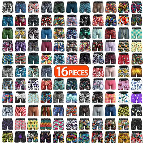 KJFISTMU 16-piece men's boxer briefs set, graffiti print, stylish underwear, comfortable, soft, and breathable. Cloud-like soft touch, silky fit, suitable for sports and workouts, wearable in all seasons. Men's apparel. Fabric for men's clothing.