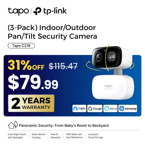 TP-Link & Tapo C216(3-pack) 2K Pan/Tilt Indoor/Outdoor Security Camera  with AI Detection, Baby Cry Detect, Motion Tracking, Color Night Vision, 360° Pan/Tilt, No Subscription, Alexa & Google Compatible  #SummerWins #DealsForYouDays