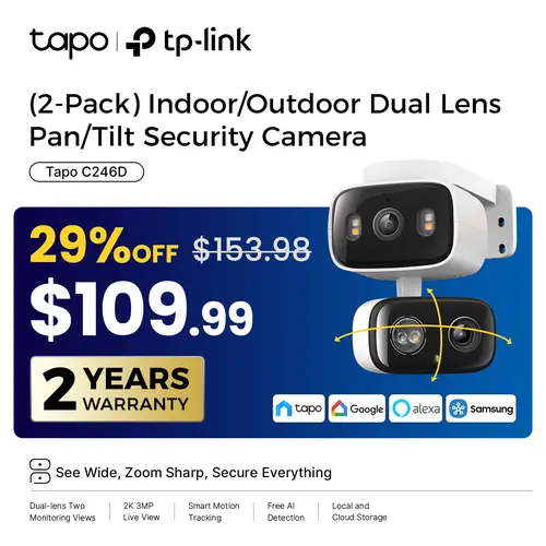TP-Link & Tapo C246D(2-Pack) 2K 3MP Dual Lens Pan/Tilt Indoor/Outdoor Security Cameras with AI Detection, 360° Pan, Free Person/Vehicle Detection, SD/Cloud Storage, Works with Alexa & Google Home  #SummerWins #DealsForYouDays