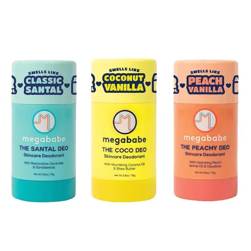 Megababe Scent-sational Deo Trio - 3 Skincare Deodorants with 72 Hour odor protections | The Santal Deo, The Coco Deo, The Peachy Deo