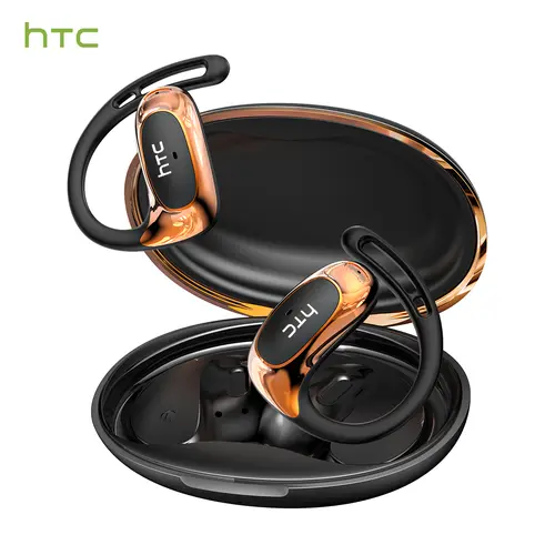 HTC NE35 Plastic Open-Ear True Wireless Bluetooth Earbuds (Everyday Earbuds, Headset), Earhook Waterproof Headphones with Microphone, 48H Playtime, Fast Charging, IP55 Resistance, 20kHz Audio, Black