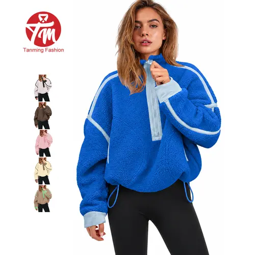 Tanming Women's Casual Half Zip Fleece Sherpa Pullover Oversized Fleece Quarter Zip Jacket with Contrast Binding & Pockets - Fuzzy Warm Sweatshirt, Cozy Drawstring Hem Tops for Winter Travel & Outdoor Outfits