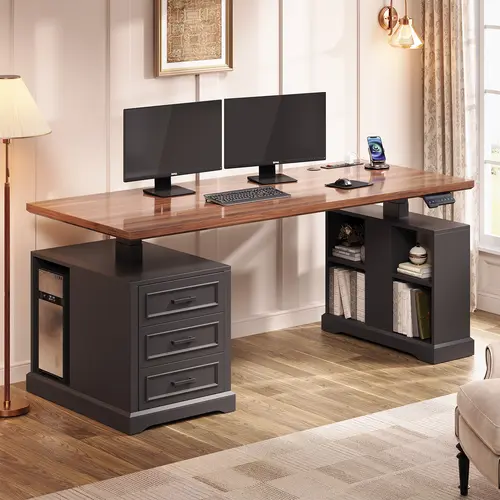 Sedeta Ergonomic Height-Adjustable Electronic Standing Desk (63" Wide Worktop, 63×27 in/63”L×27”W) - Rustic Home Office Workstation, Modern Durable Furniture, 3 Wooden Drawers, Textured Groove, Thick Base, 2 Open Shelves, 3 AC Outlets, Reduce Fatigue, Com