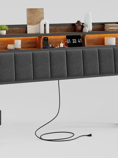 【SummerFinds】ONBRILL Ergonomic Queen Size Fabric-Covered Headboard - 2-Tier Storage, Built-In Outlets & USB Ports, LED Light, Curved Corners, Flexible Foam, Built-In Connector, Height Adjustable, Compatible with LED & Queen Bed Frames (Headboard Only), Le