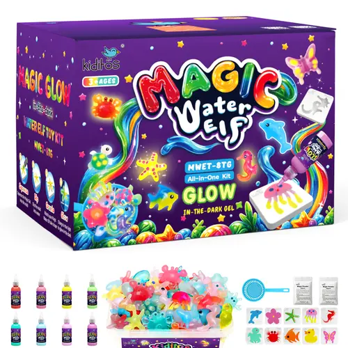 Kiditos Glow in the Dark Magic Water Elf Kit – Aqua Fairy Water Gel Set with 8 Magic Gels & 10 Molds, DIY Glowing Squishy Water Pets for Kids Ages 3+, Fun Summer Craft & Birthday Gift (Model 8TG)