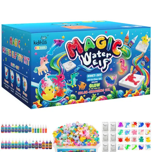 Kiditos Magic Water Elf Crafting Kit (Model 30T) - 24 Magic Gels, 6 Glitter Powders, 20 Molds, Kids Toys for Ages 3+, DIY Handmade Craft, Summer Science Activity, Birthday Gift