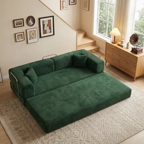 79" Corduroy Vintage Suede Convertible Sleeper Sofa Bed - Folding Compressible Mattress, Modular Fixed-Shape Frame, Adjustable Arms, Modern Cloud Loveseat, Cloud Couch, Multi-Purpose Futon, Living Room Apartment Furniture