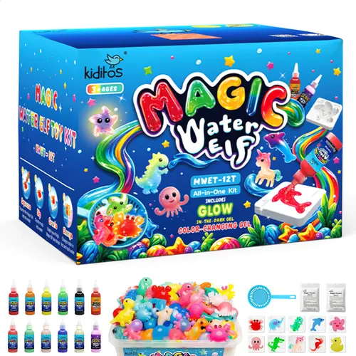Kiditos Magic Water Elf Toy Kit with 12 Multi-Type Magic Gels & 10 Molds, Aqua Fairy Water Gel Squishy Maker for Kids, Fun Summer DIY Water Pets Craft Set (Model 12T)