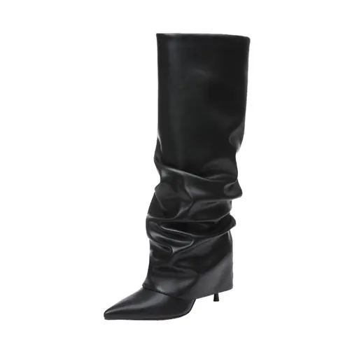 Women's Knee High Boots Pointed Toe Fold Over Boots Wide Mid Calf Stiletto Boots Long Shark Tall Boots,shoes for back to school,back to school shoes