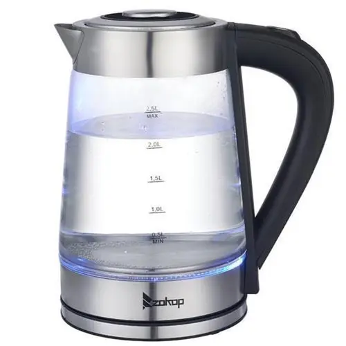 ZOKOP 110V 1100W 2.5L Stainless Steel Light Household Electric Kettle - Blue Glass, Auto Shut-Off, Boil-Dry Safe, Overheat Protection, Ergonomic Easy-Grip Handle, Lid Release Button, LED Illuminated, Ideal for Home & Office