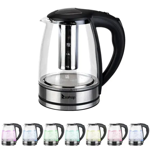 ZOKOP 1200W/1.8L Electric Glass Kettle US Plug, LED Light, Auto 5 Minutes Shut-off, Boil Dry, Overheat Protection, BPA-Free, for Coffee, Tea, Soup, and More
