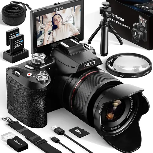 NBD 64MP Digital Cameras for Photography,5K Vlogging Cameras for YouTube,16X Optical Zoom Travel Point and Shoot Digital Cameras Fotograficas with 180°Flip Screen,58mm UV Lens,2 Batteries, Flash, Memory,