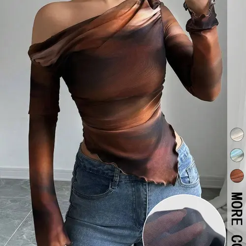 Women's All Over Print Drop Shoulder Long Sleeve T-Shirt, Fashionable Casual Comfortable Slim-Fit Everyday Top, Casual Daily Tops, Womenswear, Perfect for Daily Wear