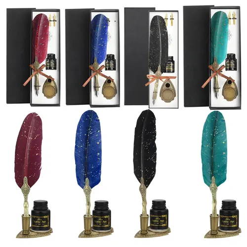 Vintage Feather Dip Pen & Ink Set - Classic Series Carved Goose Quill with Pen Stand, Calligraphy Nibs, Black Ink, Antique Writing Gift for Birthdays, Holidays, Gifts
