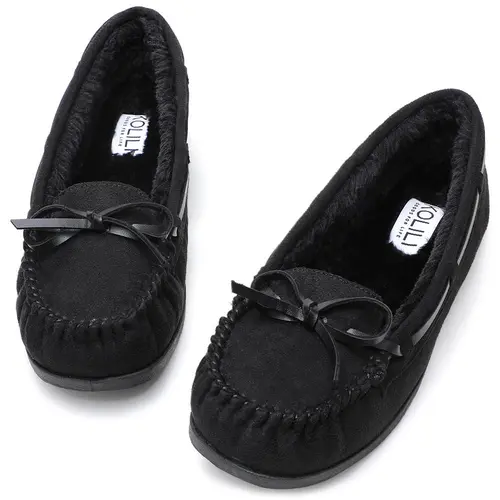 KOLILI Women's Suede Moccasin Slippers - Female Walking Shoes, Lightweight Flat Casual Cute Shoes, Round Toe, 1-Touch Slip-On, Soft Cotton, Non-Slip Rubber Soles, Bow Accent, for Home Indoor Outdoor Use