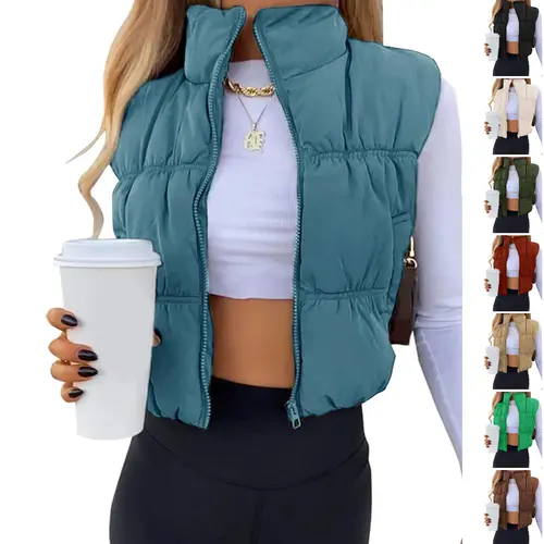 Tanming Women's Fitted Casual High Neck Cropped Puffer Vest - Zip Up, Lightweight, Sleeveless, Water-Resist Nylon Padded Gilet with Pockets - Women's Tops for TikTokShop Black Friday