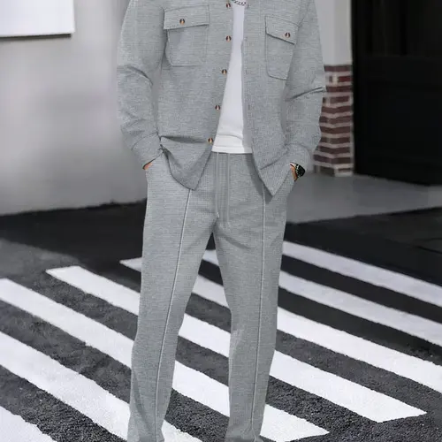 Men's Long Sleeve Knit Shirt & Drawstring Pants Trouser Set Suits, Menswear, Casual Comfortable for Daily Wear, Perfect for Leisure Activities, Fall outfit