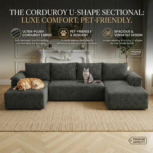 【3 Packages shipping】133" U-shaped sofa, modular sectional sofa, double recliner lounge, upgraded heightened boneless sofa with sturdy metal frame & base, soft corduroy fabric sofa for living room, compression sofa without installation