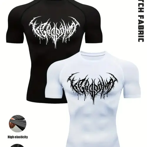 Men's 2 Pack Gothic Workout T-Shirts, Print Design, Stretch Fit Compression Shirts, Fitness Top, for Intense Training, Polyester Blend, Black White Set, Ideal for Gym, Strength Training, Streetwear & Casual Wear, Fitness Apparel