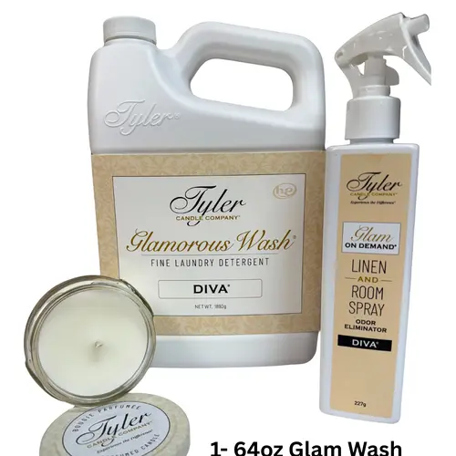Tyler Candle Company DIVA GIRL BUNDLE OPTION 1 - 64 oz Glam Wash, 8 oz Glam on Demand Linen & Room Spray, 3.4 oz Candle