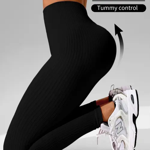 1 Pair Solid - Color Ribbed High - Waisted Yoga Leggings | Butt - Lifting & Tummy - Control Stretch | For Yoga & Daily Wear Shaping Leggings Breathable Yoga Pants Yoga Activewear Athleisure Bottoms High Waist Sportswear Sports