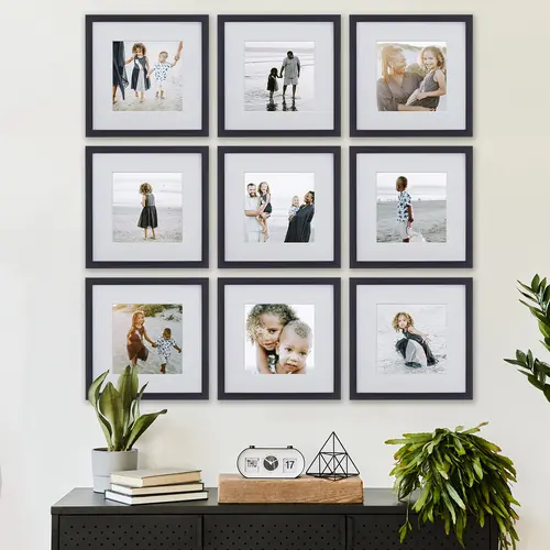 Sheffield Home 9 Piece Gallery Wall Frame Set 12x12 inch Matted to 8x8, 11x14 inch Matted to 8x10, Easy Hang with Template Metal Hangers, Durable Polystyrene Frames, Protective Glass for Home Decor