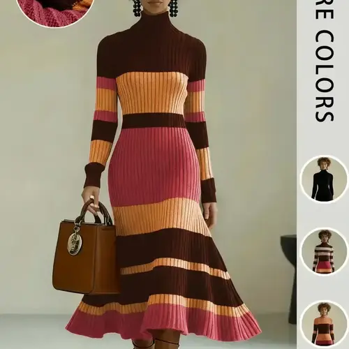 Elegant Women's Colorblock Soft Knit Dress, High Neck Long Sleeve Mermaid Flared Dress, Worn Alone or Layered, Fashion Fall & Winter Clothes, Casual Wear, Casual Chic Dress, Womenswear