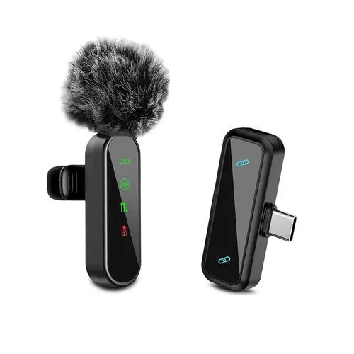 Wireless Lavalier Microphone for iPhone and Android, Wireless Mics, Mini Microphone with Status Display, Portable Rechargeable Lapel Mic with Crystal-Clear Sound for Recording, Live Streaming, Vlogs, Live Broadcasting Equipment