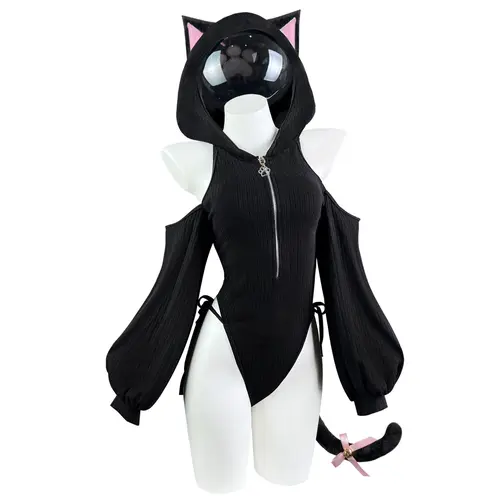 KORURACLUB Women Cute Cat Bodysuit Set Ears Tail Party Outfit