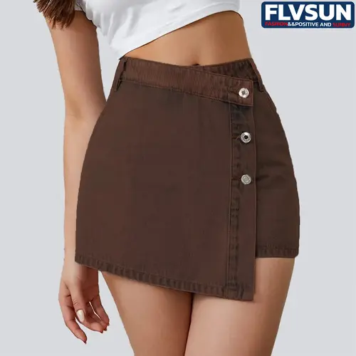 Flvsun Women's Basic Chic High-Waisted Asymmetrical Wrap Denim Skort - Loose Casual Button-Front Fitted Summer Streetwear Bottoms, Women's Clothing