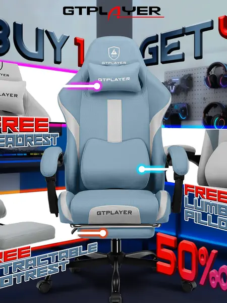 【Buy 1 Get 4】GTPLAYER Gaming Chair with Footrest, Fabric Office Chair with Pocket Spring Seat, Memory Foam Lumbar Support, High-Back Computer Chair