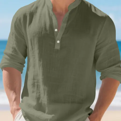 Men's Linen Stand Collar Shirt, Casual Buttons Collared Loose Breathable Long Sleeve Casual Top, Beach Tropical Vacation Essential, Casual Tropical Style, Lightweight Sun Protection Outdoor Wear