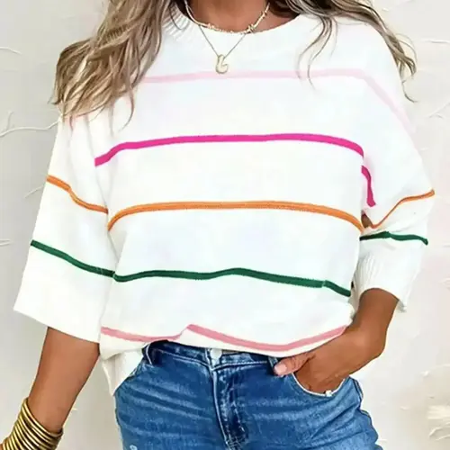 Autumn Winter New Design Colorblock Striped Drop Shoulder Sweater, Casual Loose Knit Pullover Top, Elegant Rainbow Stripe Women's Fashion Knitwear, Casual Fashion Jumper, Loose Knit Tops