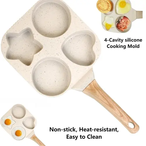 Egg Frying Pan 4 Cup Heart Shape, 4 Hole Nonstick Breakfast Skillet & Pancake Pan with Wooden Handle, Multi Section Omelet Maker for Eggs, Pancakes, Burgers, Toast & Sandwiches, Easy Clean Cookware,tiktok shop deal summerwins