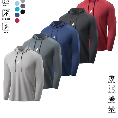 Men's Long Sleeve Sporty Hoodie, Breathable Moisture-Wicking, Reflective Logo, Plain Color, Polyester Knit, Ideal for Sports & Daily Wear, Athletic Top, Athletic Clothes