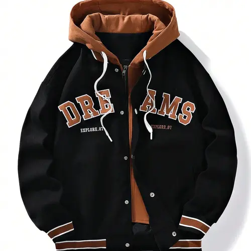 Men's Hooded Drawstring Front Button Letter Print Casual Long Sleeve Jacket & Coat