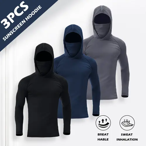 3 Pack Men's Longsleeve Athletic Hoodie, Windproof Breathable Quick-Dry Compression Shirt with Built-in Face Mask for Outdoor Sports, Athletic Apparel, Breathable Sports Hoodie, Longsleeves Hoodie,back to school,back to school haul