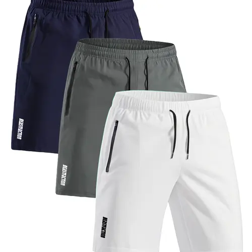 Men's 3 Pack Solid Shorts, Casual Athletic Style for Summer Fitness and Leisure with Zip Pockets, Drawstring Closure, No