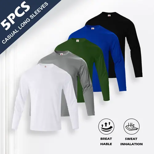 5pcs Men's Moisture-Wicking Breathable Fitness Long Sleeve T-Shirts - Soft Light Beige-Friendly Fabric, Tight-Fitting Round Neck for Running, Gym, Outdoor Sports - Year-Round Casual Wear (Black/White/Grey/Navy/Olive), Gym Clothes, Tight Fit, Secure
