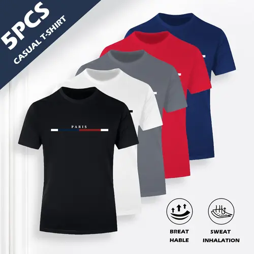 Men's 5pcs Moisture-Wicking Breathable Short-Sleeve T-Shirts - Paris Letter Print, Striped Collar, Regular Fit (Normal Type), 5 Color Options, Streetwear, Sports Clothes, Athletic Menswear, Summer Outdoor Casual Tops - Do Not Dry Clean