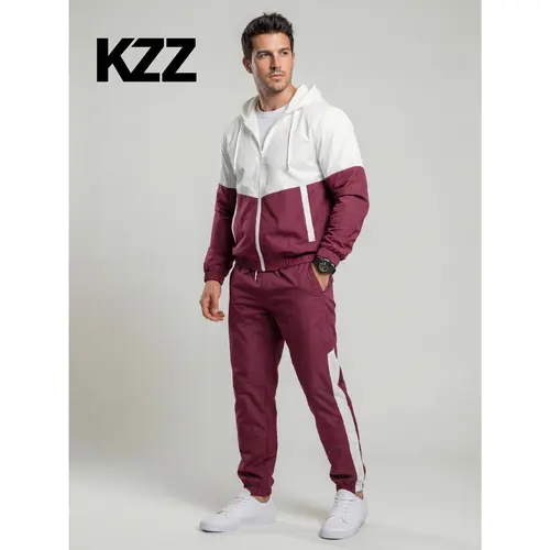 KZZ Men's Colorblock 2-Piece French Terry Chandal - Adjustable Zip-Up Hoodie & Long Sleeve Joggers Workout Set, Men's Clothing Sports Outerwear Streetwear Clothes, Sweatsuit Set