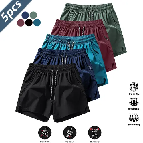 Men's 5-Pack Drawstring Breathable Fitness Shorts - Quick Dry, Wrinkle-Resistant Polyester Blend, Loose Fit, Minimalist Design, Lightweight Solid Sports Shorts, Casual Athleisure, Comfortable Stretch, for Gym to Outdoors