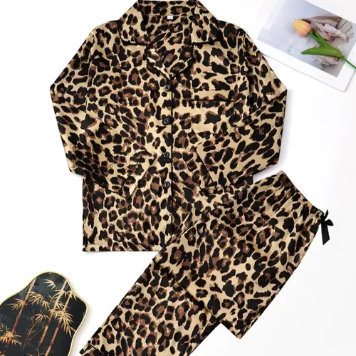 Women's Leopard Print Satin Pajama Set, Long Sleeve Button Front Top & Pants, Fall Winter Sleepwear, Comfortable Home Wear, Loungewear, Pajama Lounge Sets
