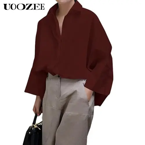 UOOZEE Women's Minimalist Long Sleeve Collared Oversized Lapel Blouse - Lady's Stylish Women's Wear, Cotton-Polyester Blend, Soft Loose Fit, Solid Multi-Color, Office Work Clothes, Business Casual Tops, All-Season Commuting Top for Jeans Pairing, Baggy, W