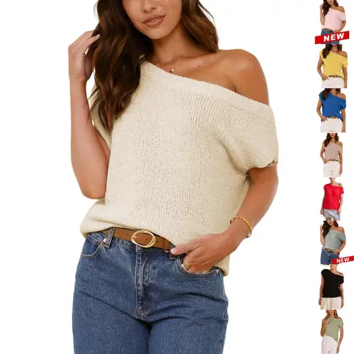 Yeokou Womens Off Shoulder Sweater Y2K Short Sleeve Ribbed Knit Pullover Date Night Top Blouse Womenswear Soft,summerwins,back to school,back to school shopping