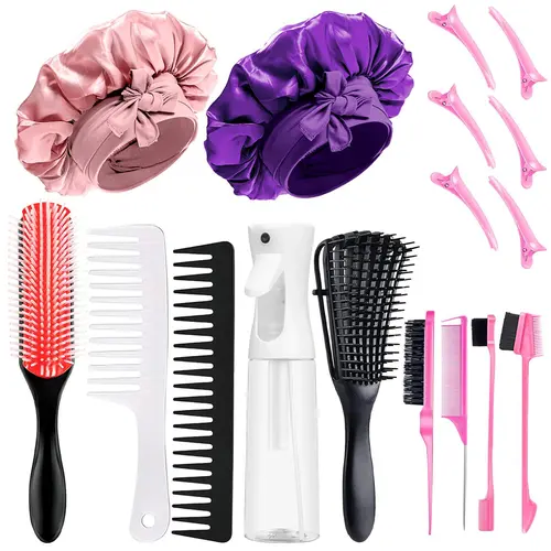 17 Counts Hair Brush Set for Women Men Kids Detangler Brush Wide Tooth Comb Nylon Bristle 9-Row Brush Satin Bonnet Styling Tools Purple Love At First Find Detangling Hairbrush Anti Static Hairbrush